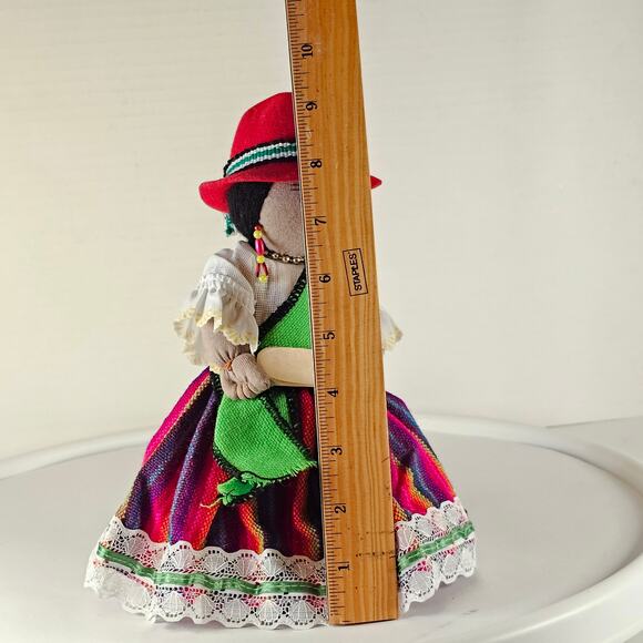 Handmade Bolivian Cloth Doll 9" Traditional Dress Red Hat Colorful Skirt & Beads - Picture 6 of 16